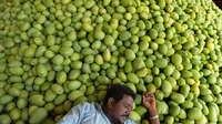 An Indian farmer takes rest after unloading mangoes at the Gaddiannaram Fruit Market, on the outskirts of Hyderabad on 6 May, 2013